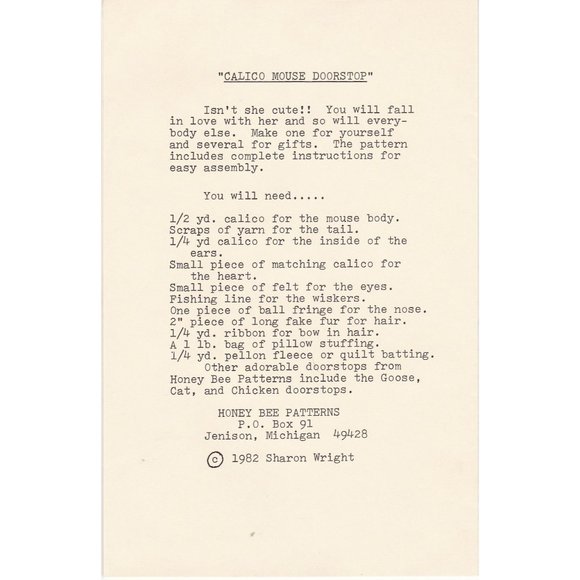 UNCUT Craft Sewing Patterns Kit, Vintage Calico Mouse Doorstop D3 by Sharon Wrig - Picture 2 of 2